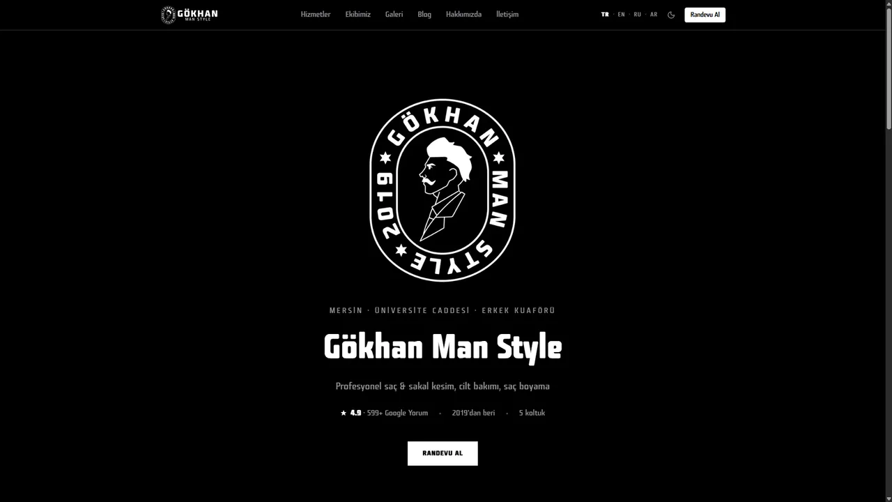 Gökhan Man Style anasayfası: marka logosu, hizmet başlığı ve randevu alma butonu